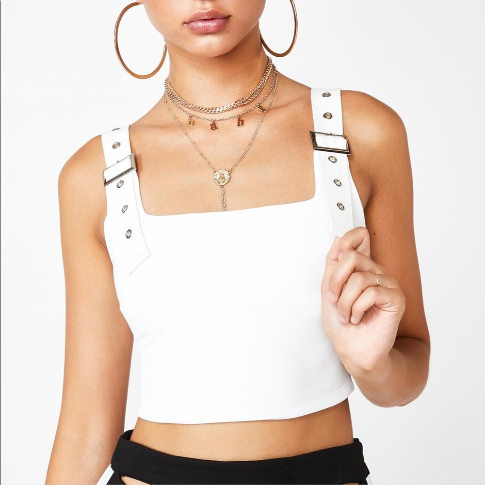 Tiger Mist White Crop Top with Buckle Straps